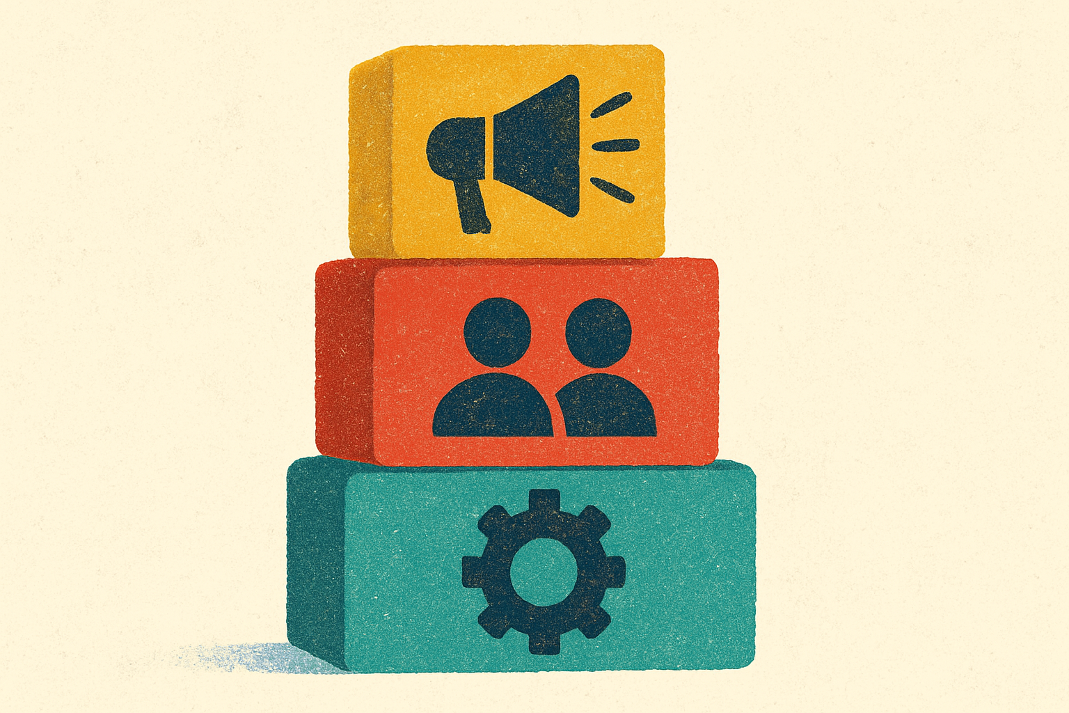 Ilustração de três blocos empilhados: megafone, pessoas e engrenagem