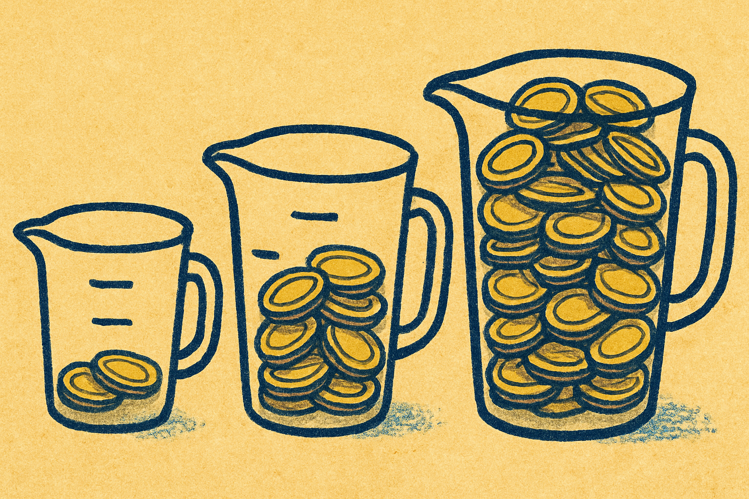 Ilustração de três recipientes de tamanhos crescentes, cada um com mais moedas dentro