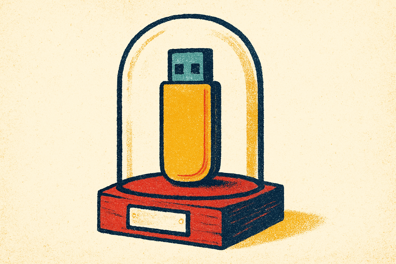 Ilustração de um pendrive exposto numa redoma de vidro de museu
