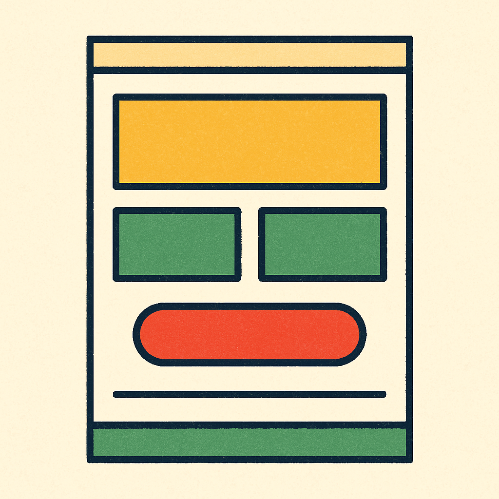 Ilustração da anatomia de uma landing page: blocos empilhados em ordem — header, hero, problema, solução — com o botão de CTA em destaque