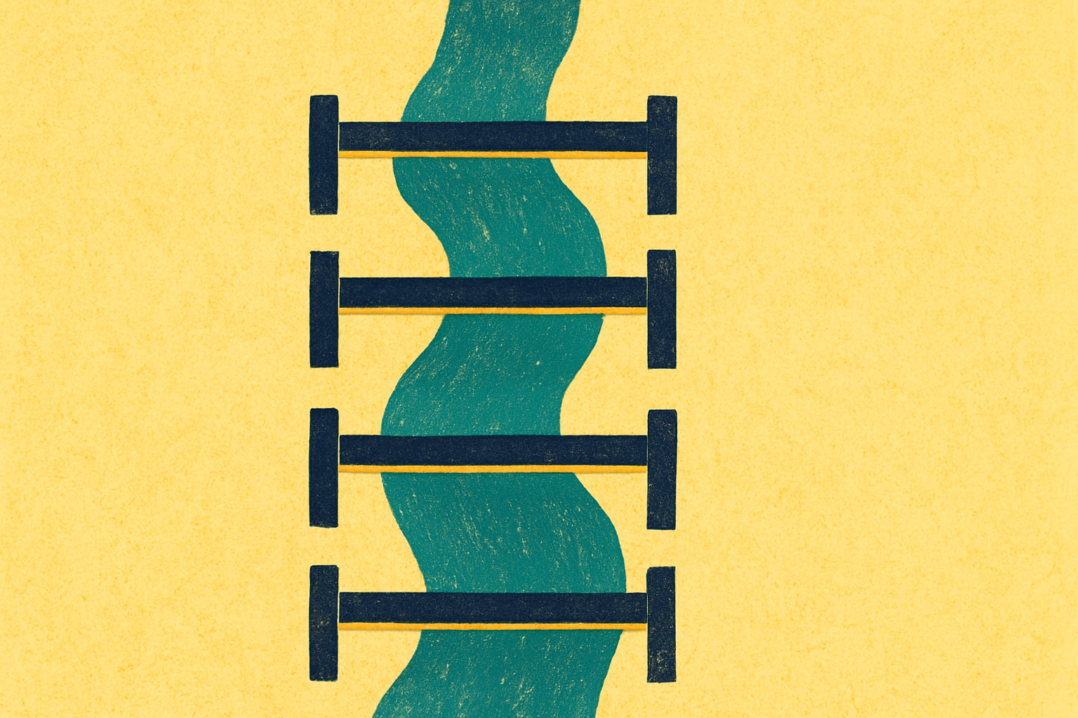 Ilustração de um rio passando por quatro comportas, representando as quatro etapas do macrofunil