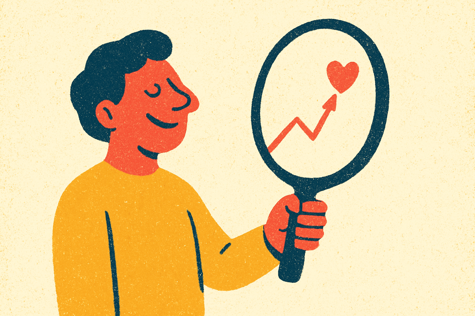 Ilustração de uma figura se admirando num espelho de mão que reflete um gráfico subindo