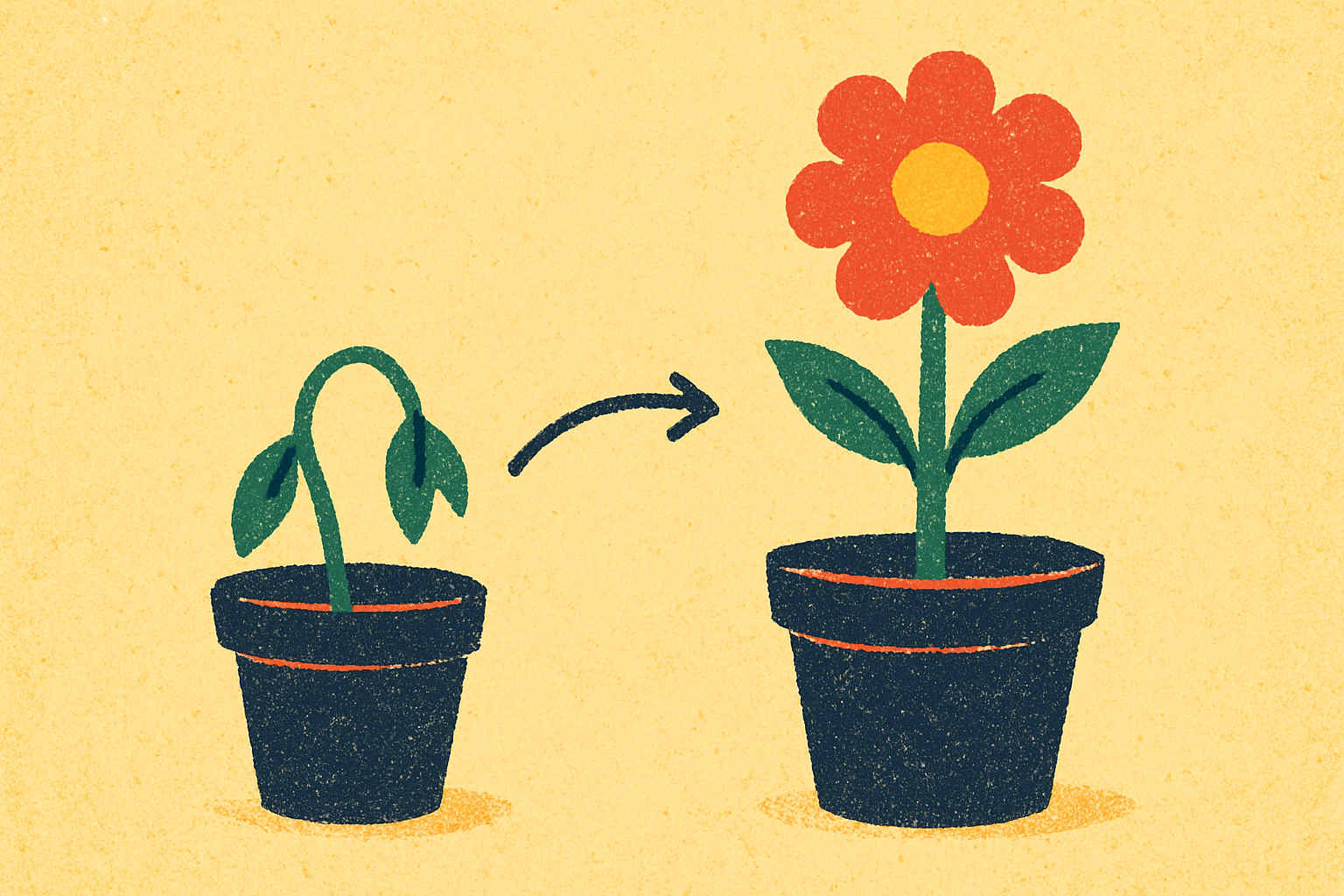Ilustração de dois vasos: planta murcha à esquerda e planta florida à direita, com seta de um pro outro