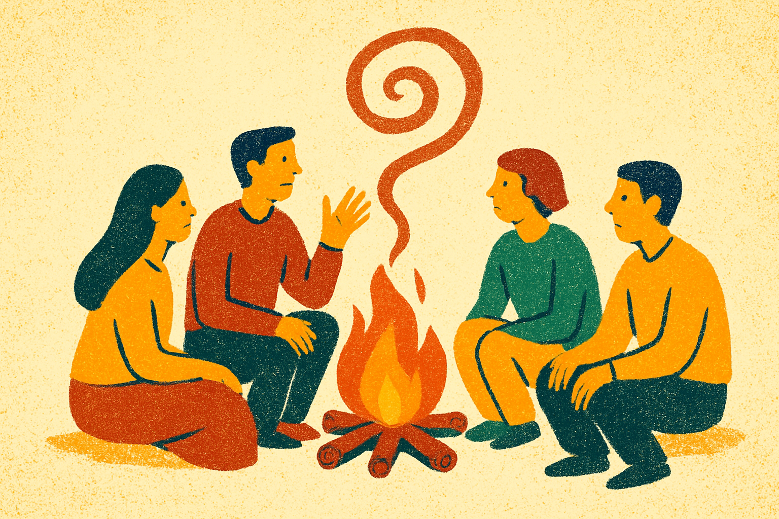 Ilustração de quatro pessoas em volta de uma fogueira ouvindo uma delas contar uma história