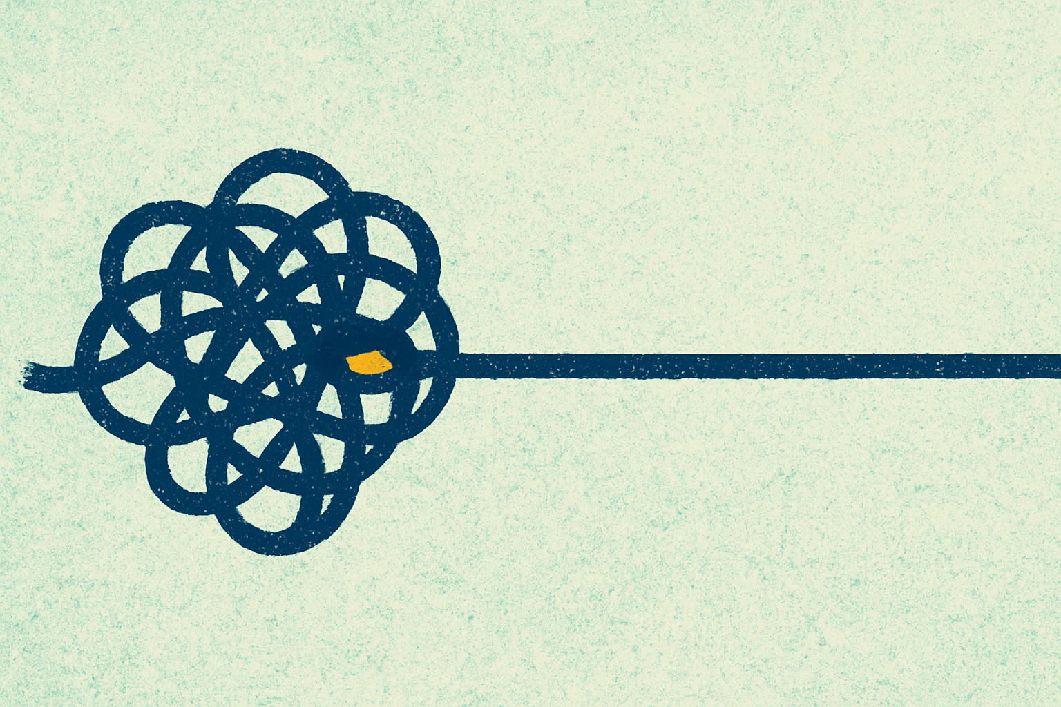 Ilustração de uma corda que entra emaranhada num nó e sai como linha reta