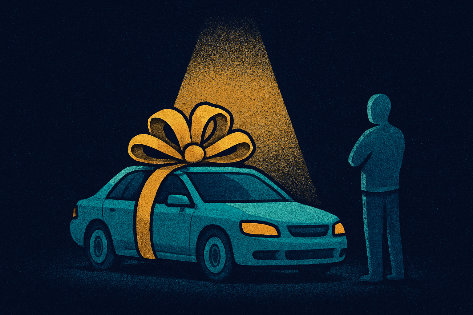 Ilustração de um carro completo com laço de presente e um cliente de costas, de braços cruzados