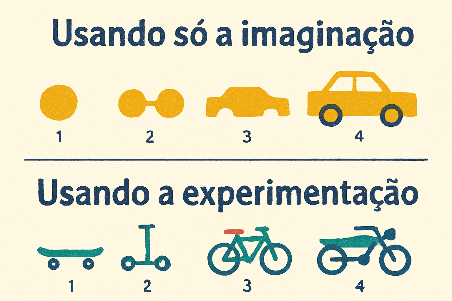 Comparação: construir por partes usando só a imaginação (roda, chassi, carro) contra evoluir usando a experimentação (skate, patinete, bicicleta, moto)