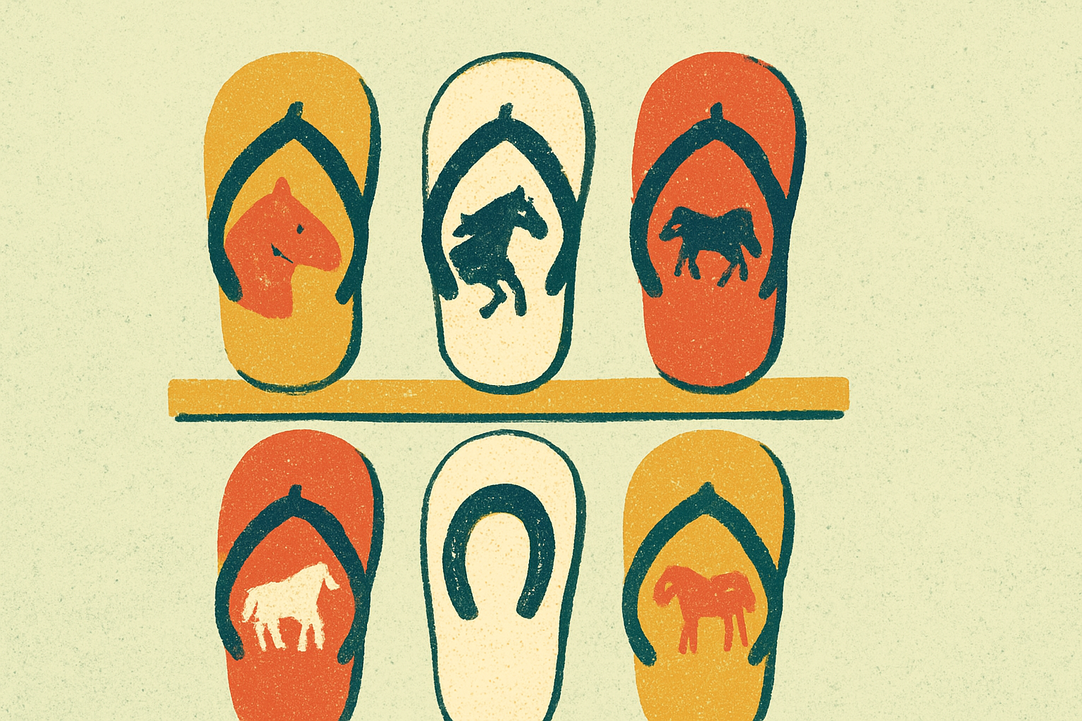 Ilustração de uma vitrine com chinelos de estampas de cavalo diferentes, como uma lojinha virtual improvisada
