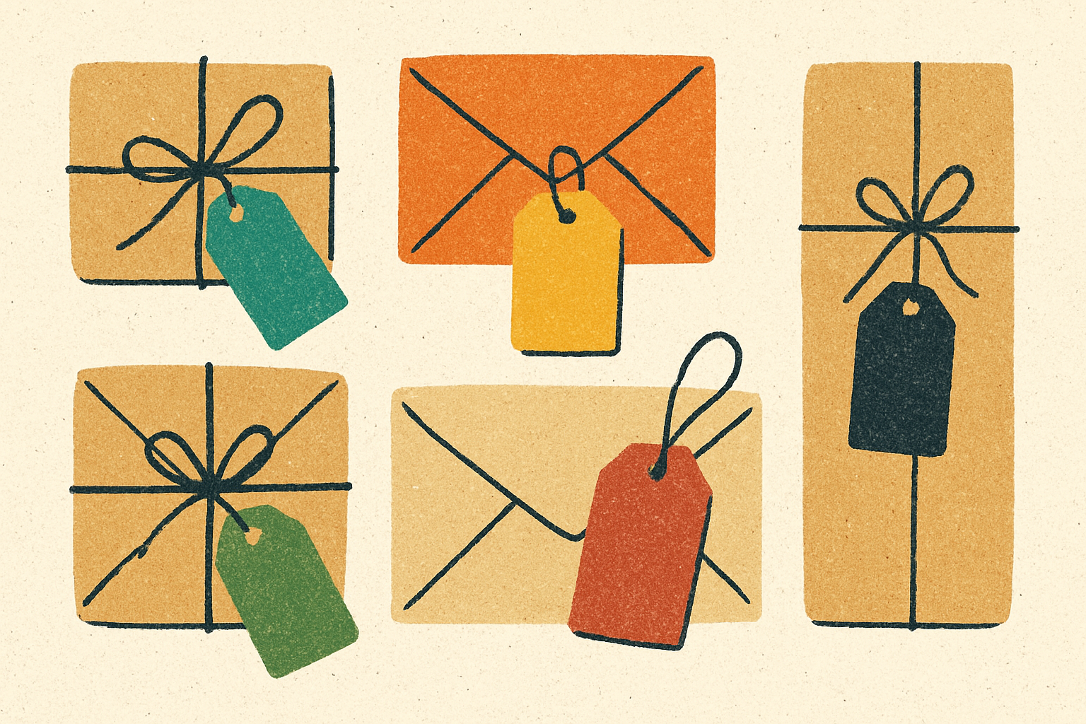 Ilustração de vários envelopes e pacotes, cada um com uma etiqueta colorida diferente