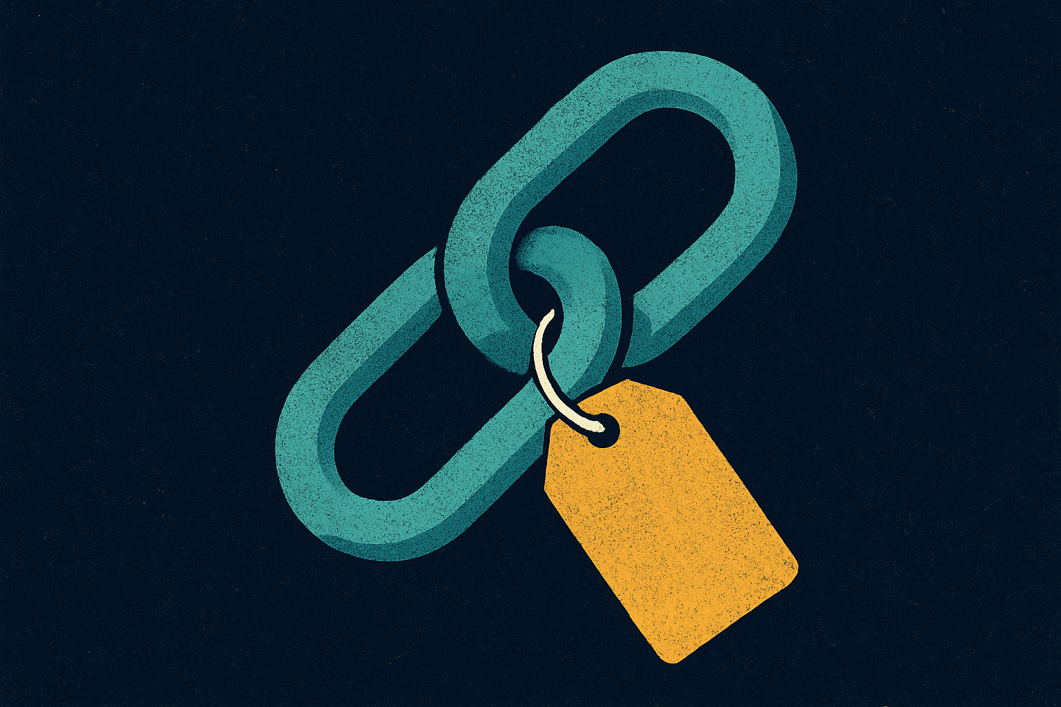 Ilustração de um elo de corrente com uma etiqueta de bagagem dourada amarrada