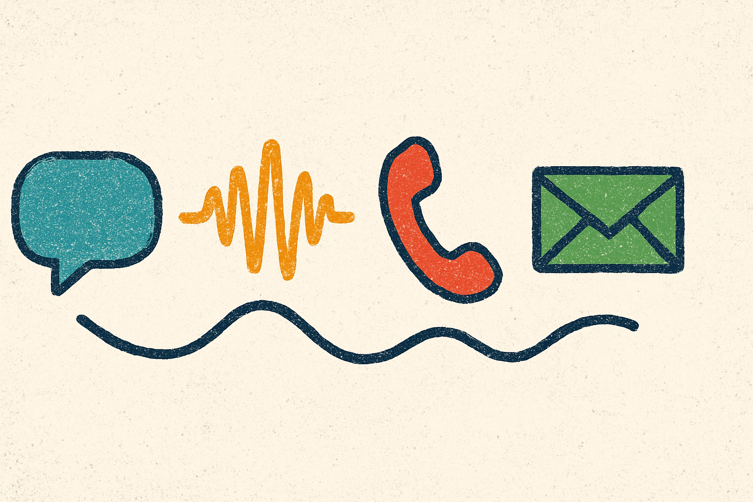 Ilustração de quatro ícones de canais diferentes (WhatsApp, áudio, telefone, e-mail) conectados por uma linha em ritmo alternado