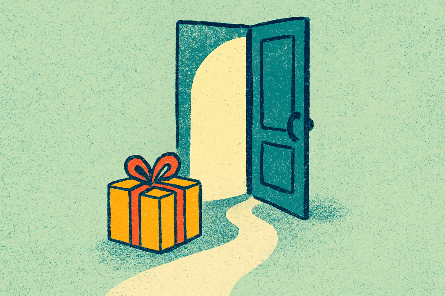 Ilustração de uma porta aberta com um presente deixado na soleira, representando o tchau que entrega valor e deixa a porta aberta