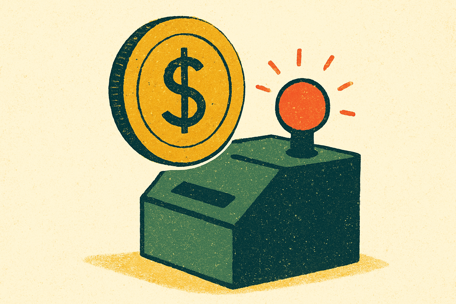 Ilustração de uma moeda caindo na fenda de uma máquina simples que acende uma lâmpada, o movimento econômico como prova