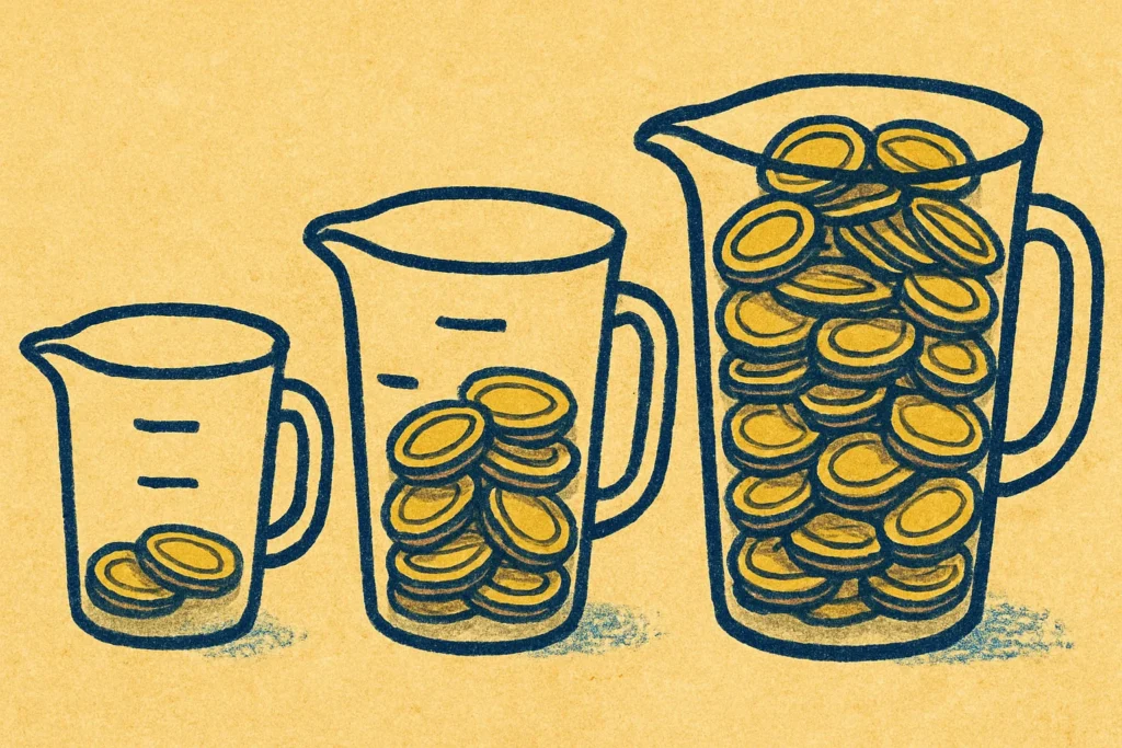 Ilustração de três recipientes de tamanhos crescentes, cada um com mais moedas dentro