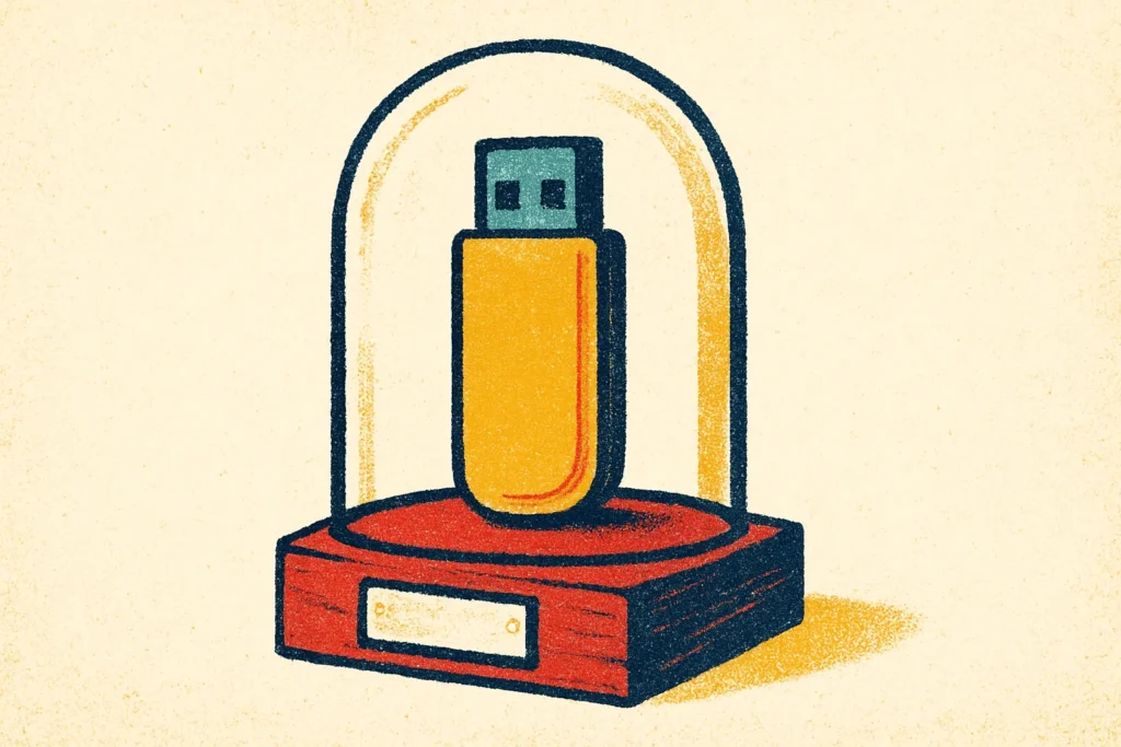 Ilustração de um pendrive exposto numa redoma de vidro de museu