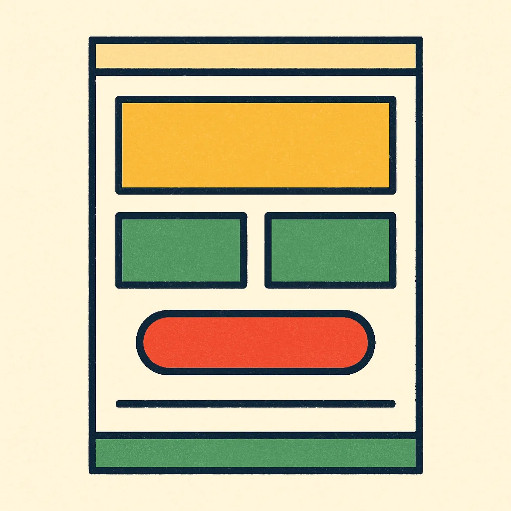 Ilustração da anatomia de uma landing page: blocos empilhados em ordem — header, hero, problema, solução — com o botão de CTA em destaque