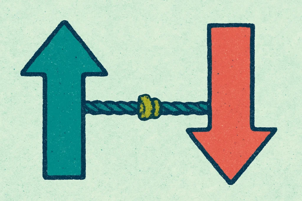Ilustração de duas forças opostas puxando uma corda: uma seta pra cima e uma seta pra baixo