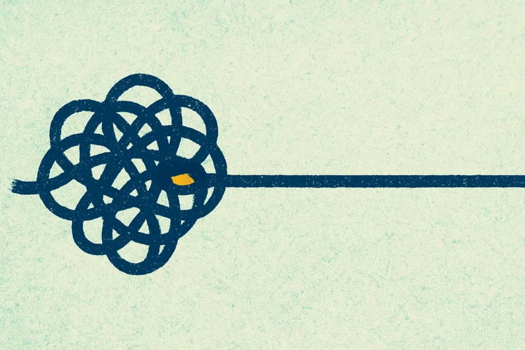 Ilustração de uma corda que entra emaranhada num nó e sai como linha reta