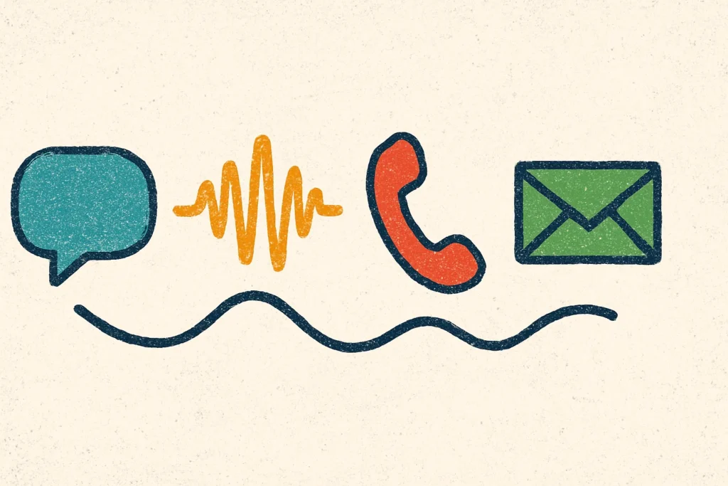 Ilustração de quatro ícones de canais diferentes (WhatsApp, áudio, telefone, e-mail) conectados por uma linha em ritmo alternado